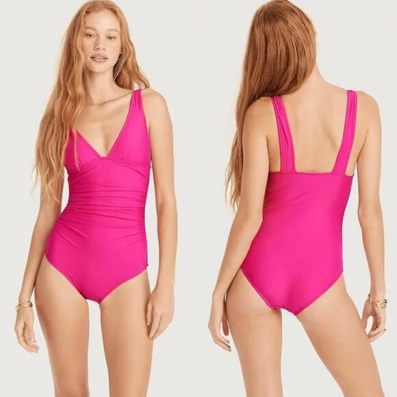 NWT J. Crew Ruched V-Neck One-Piece Swimsuit Fuchsia Pink Size 10 Barbiecore - Picture 1 of 15